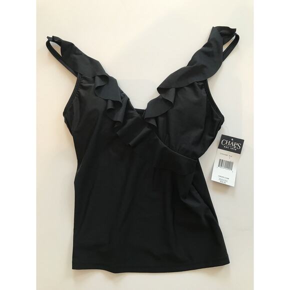 4 Chaps Women's Black Bathing Swim Suit Top New V-Neck Ruffle Adjustable Strap - Picture 2 of 8